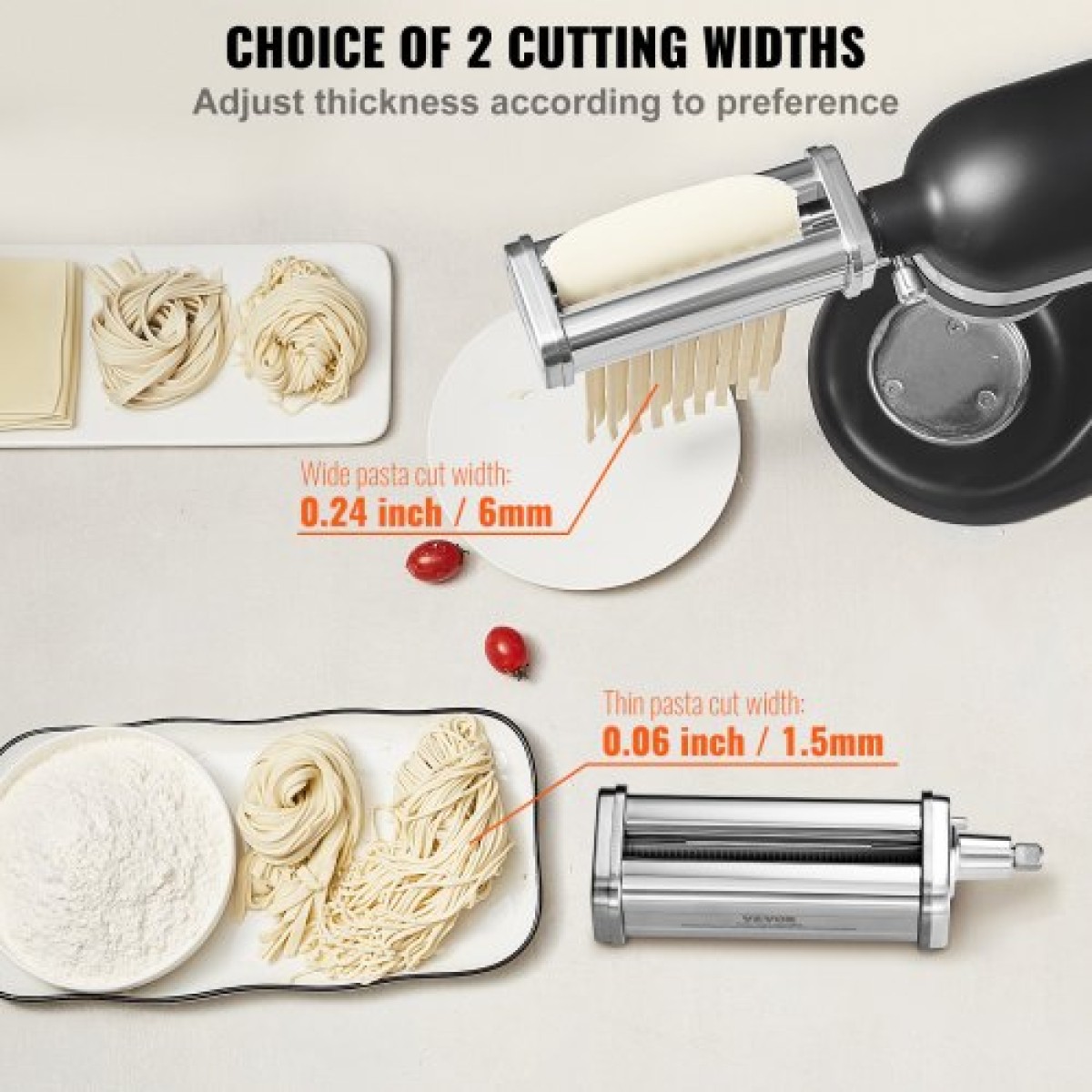 Εξάρτημα ζυμαρικών VEVOR για μίξερ με βάση KitchenAid, σετ ρολού κοπής ζυμαρικών από ανοξείδωτο χάλυβα που περιλαμβάνει ρολό φύλλου ζυμαρικών, κόφτη σπαγγέτι και φετουτσίνι, 8 ρυθμιζόμενο πάχος πόμολο ζυμαρικών, 3 τεμ.