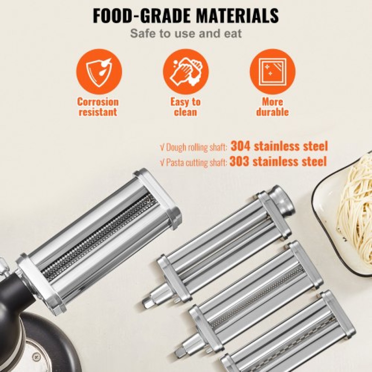 Εξάρτημα ζυμαρικών VEVOR για μίξερ με βάση KitchenAid, σετ ρολού κοπής ζυμαρικών από ανοξείδωτο χάλυβα που περιλαμβάνει ρολό φύλλου ζυμαρικών, κόφτη σπαγγέτι και φετουτσίνι, 8 ρυθμιζόμενο πάχος πόμολο ζυμαρικών, 3 τεμ.