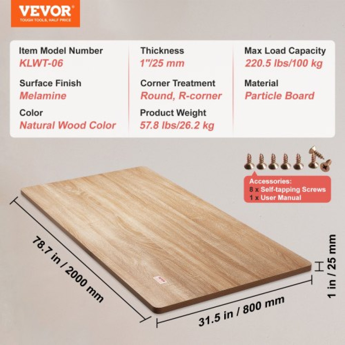 Επιτραπέζιο επιτραπέζιο VEVOR, 78,7" x 31,5" x 1", χωρητικότητα 220,5 λίβρες, Universal One Piece Μοριοσανίδα Desktop για ρυθμιζόμενο ύψος ηλεκτρικό πλαίσιο γραφείου, ορθογώνιος πάγκος για το σπίτι και το γραφείο