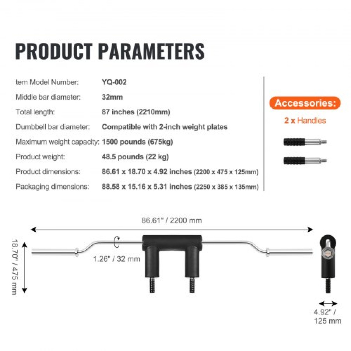 VEVOR Safety Squat Bar, 1.500 LBS Fitness Squat Bar, Safety Squat Bar Attachment με ώμους και μαξιλαράκια βραχιόνων, ράβδο βάρους διαμέτρου 32 mm, Ιδανικό για μπροστινά squat, Lunges, Rehab, Φυσικοθεραπεία