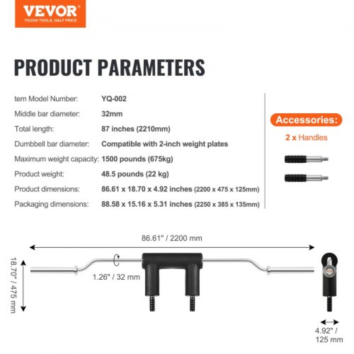VEVOR Safety Squat Bar, 1.500 LBS Fitness Squat Bar, Safety Squat Bar Attachment με ώμους και μαξιλαράκια βραχιόνων, ράβδο βάρους διαμέτρου 32 mm, Ιδανικό για μπροστινά squat, Lunges, Rehab, Φυσικοθεραπεία