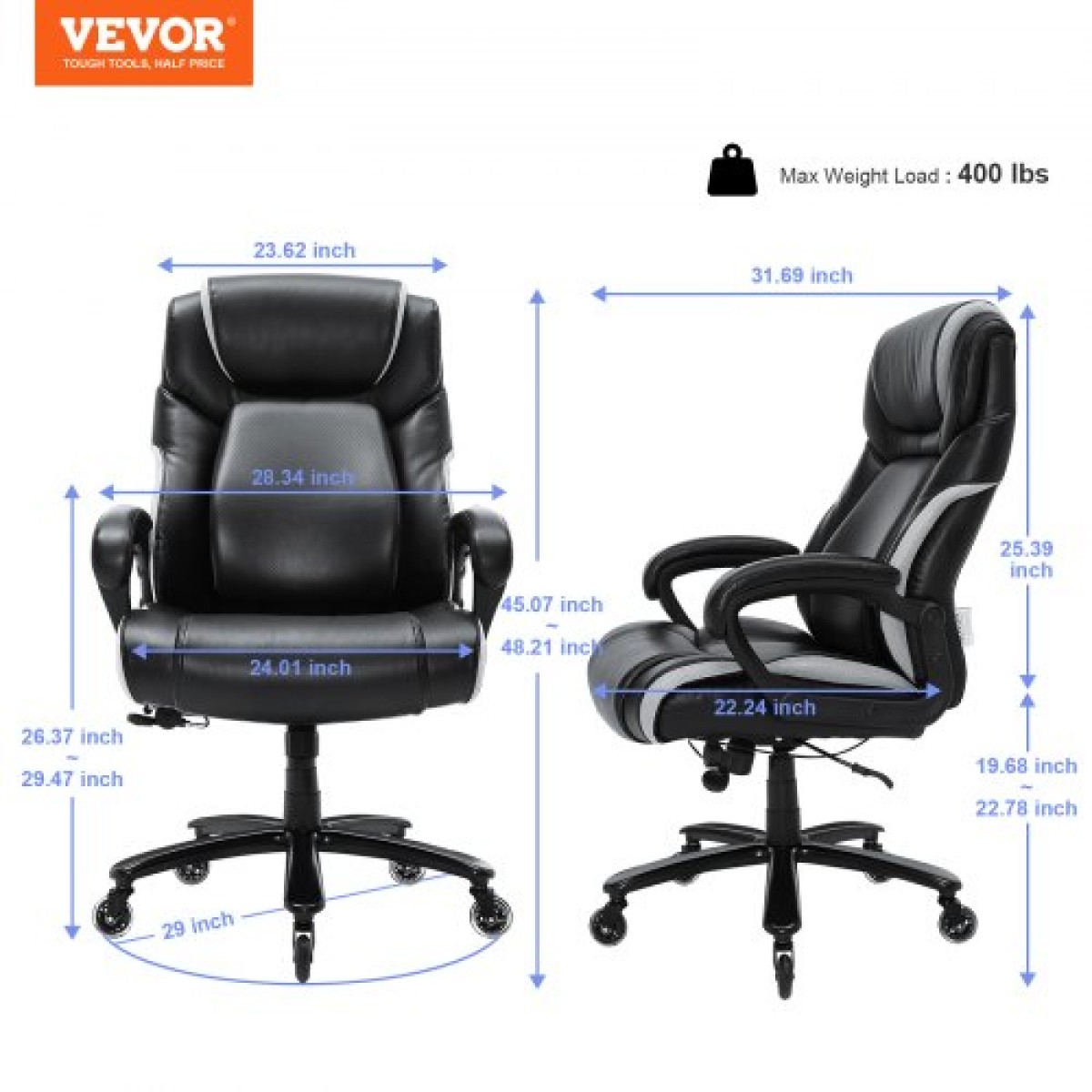 Καρέκλα γραφείου VEVOR Heavy Duty με ρυθμιζόμενη οσφυϊκή υποστήριξη αιχμής για πολλές ώρες, μεγάλη και ψηλή καρέκλα γραφείου 400 lbs, αθόρυβοι τροχοί με φαρδιά, παχιά επένδυση, ισχυρή μεταλλική βάση