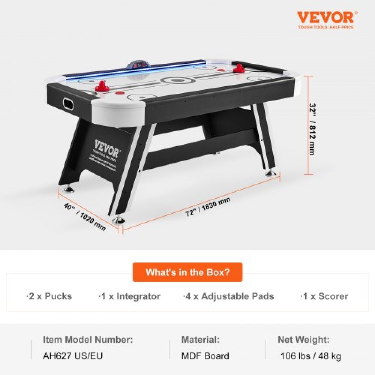 Τραπέζι χόκεϋ VEVOR Air-Powered, Τραπέζι χόκεϋ εσωτερικού χώρου για παιδιά και ενήλικες, LED αθλητικό παιχνίδι χόκεϊ με 2 τσάντες, 2 ωστήρες και ηλεκτρονικό σύστημα βαθμολογίας, σετ παιχνιδιών Arcade για δωμάτιο παιχνιδιών Οικογενειακό σπίτι