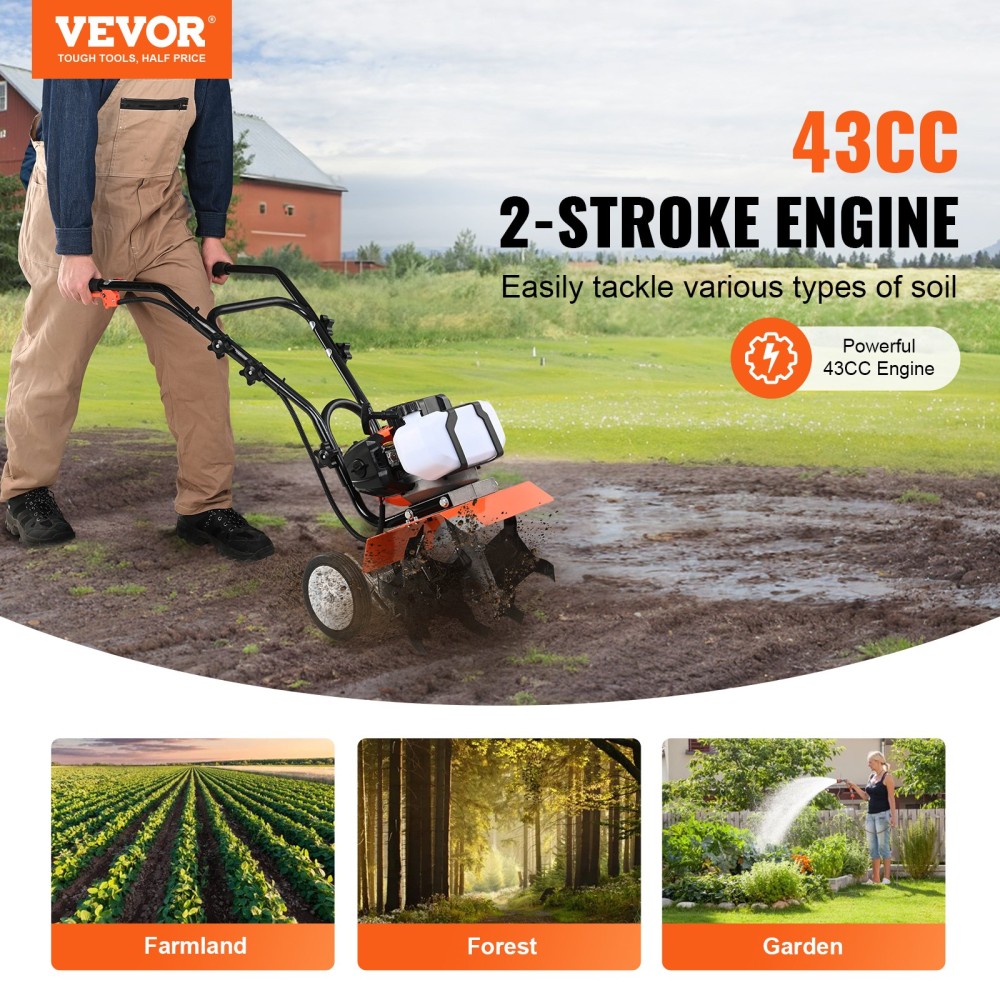 VEVOR Tiller Cultivator Gas Powered, 43CC 2-stroke Garden Cultivator, Tiller με 4 ρυθμιζόμενα μπροστινά δόντια από χάλυβα για καλλιέργεια γκαζόν, κήπου και εδάφους