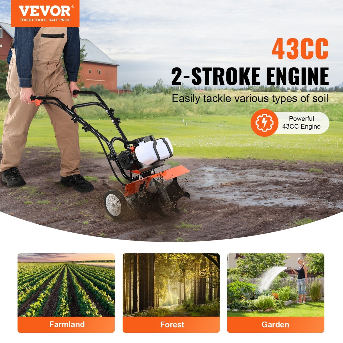 VEVOR Tiller Cultivator Gas Powered, 43CC 2-stroke Garden Cultivator, Tiller με 4 ρυθμιζόμενα μπροστινά δόντια από χάλυβα για καλλιέργεια γκαζόν, κήπου και εδάφους