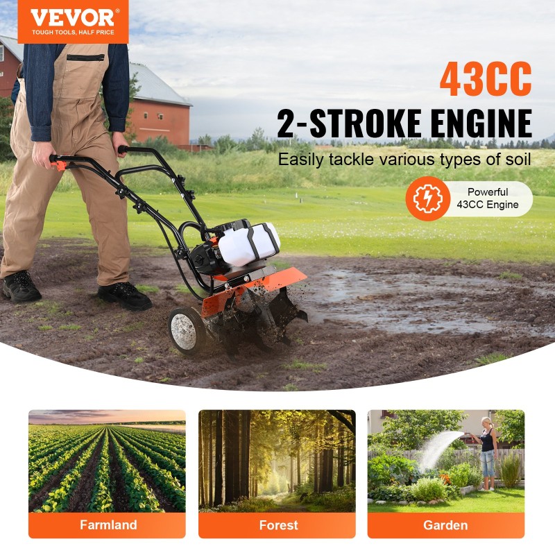 VEVOR Tiller Cultivator Gas Powered, 43CC 2-stroke Garden Cultivator, Tiller με 4 ρυθμιζόμενα μπροστινά δόντια από χάλυβα για καλλιέργεια γκαζόν, κήπου και εδάφους