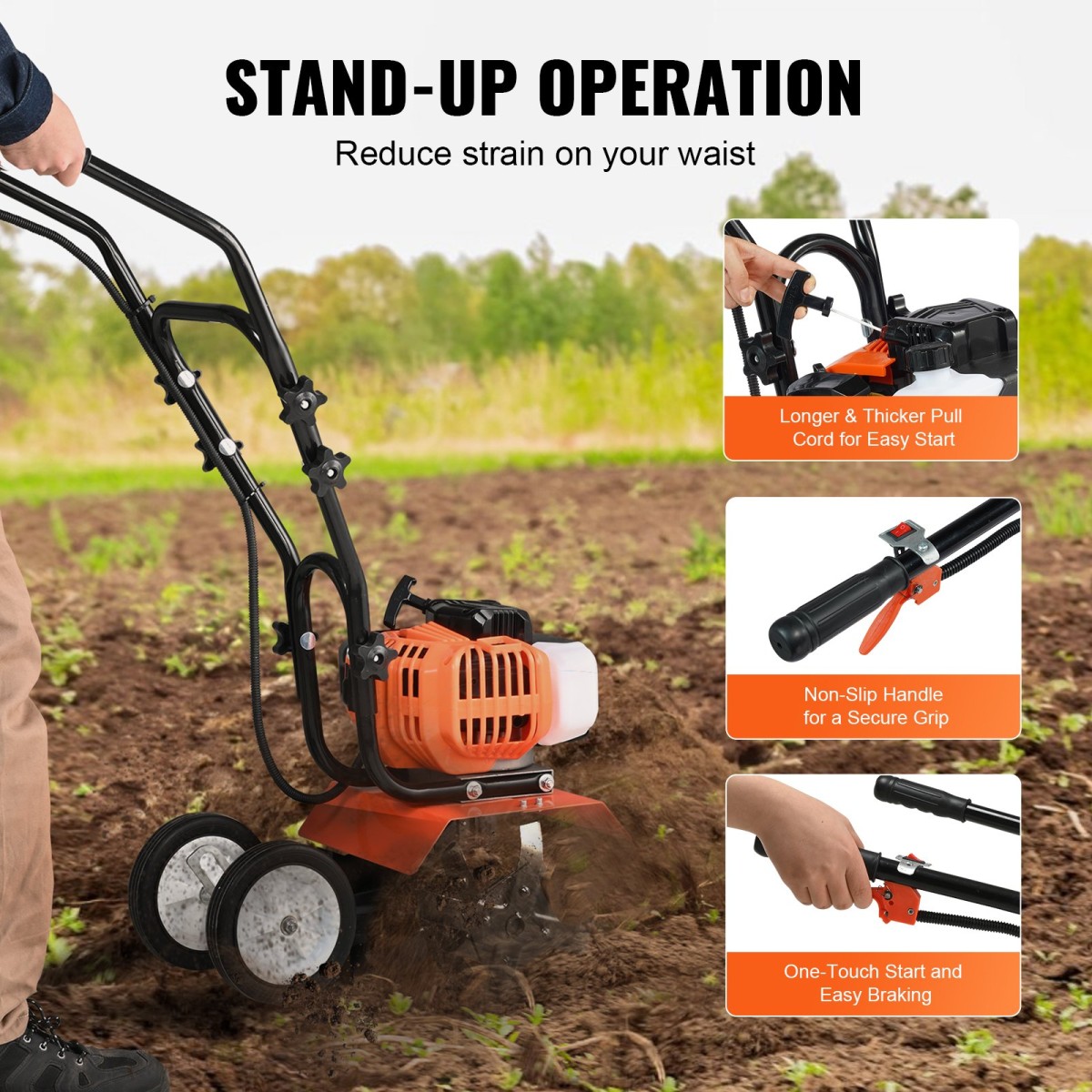 VEVOR Tiller Cultivator Gas Powered, 43CC 2-stroke Garden Cultivator, Tiller με 4 ρυθμιζόμενα μπροστινά δόντια από χάλυβα για καλλιέργεια γκαζόν, κήπου και εδάφους
