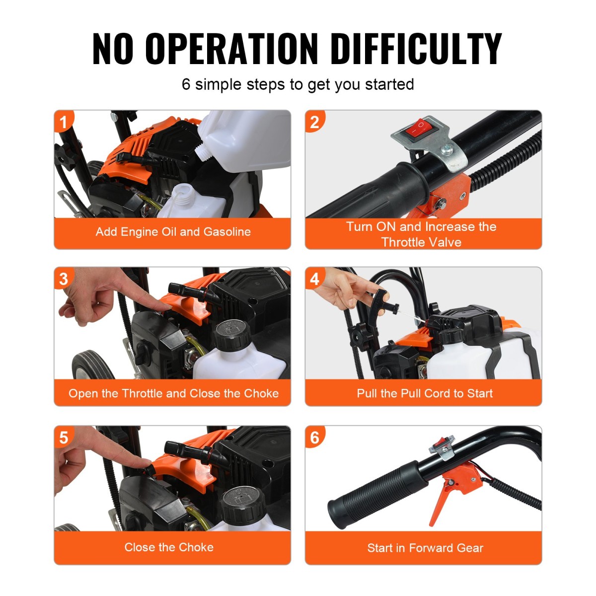 VEVOR Tiller Cultivator Gas Powered, 43CC 2-stroke Garden Cultivator, Tiller με 4 ρυθμιζόμενα μπροστινά δόντια από χάλυβα για καλλιέργεια γκαζόν, κήπου και εδάφους