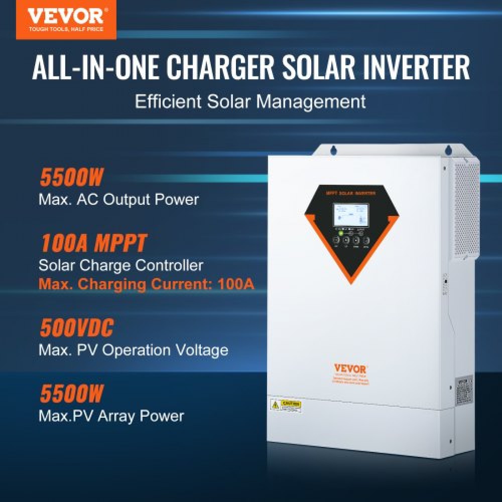 VEVOR Hybrid Solar Inverter, 5500W, Pure Sine Wave Off-Grid Inverter Inverter, 230V AC All in One Power Inverter με ενσωματωμένο 100A MPPT Solar Charge Controller, Υποστήριξη Solar Utility Hybrid Charging