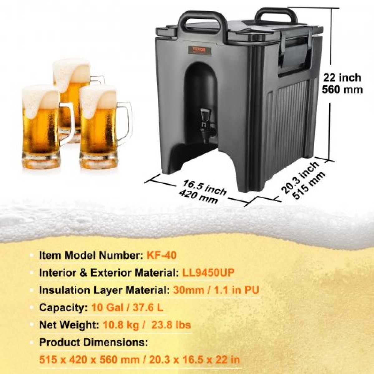 VEVOR Insulated Beverage Dispenser, 37,9 L, Food-grade LL9450UP Hot and Cold Beverage Server, Thermal Drink Dispenser Cooler with PU Layer Two Stage Baucet Handle, for Restaurant Drink Shop