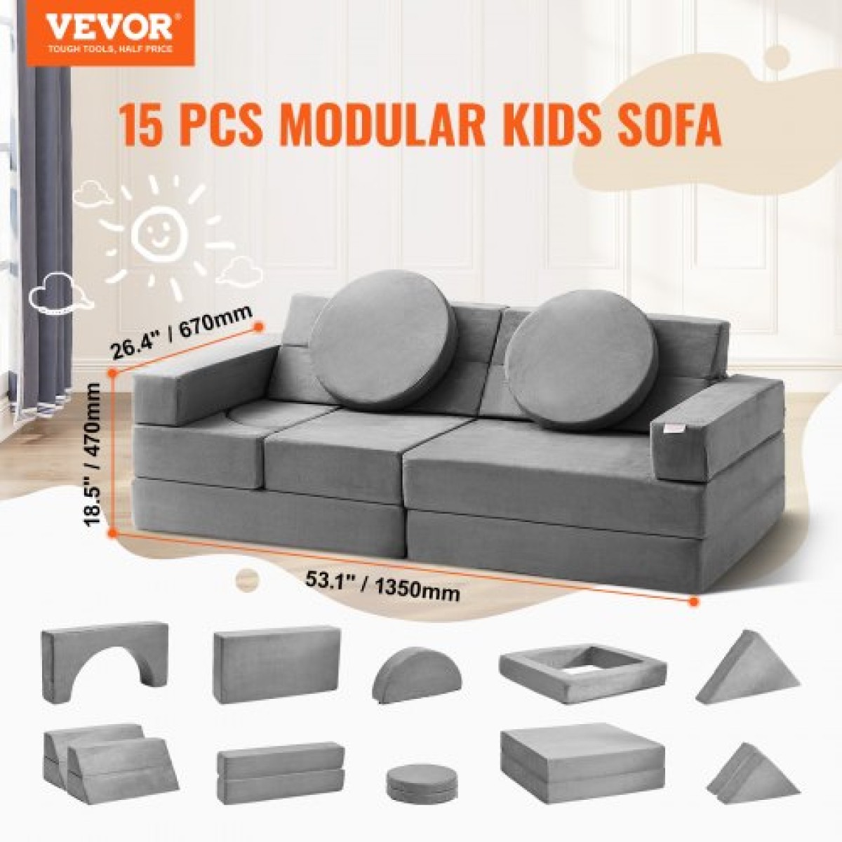 VEVOR Παίξτε Καναπές, 15τμχ Modular Παιδικός Καναπές, Καναπές Νηπιού Αφρώδους Καναπέ με σφουγγάρι 25D υψηλής πυκνότητας για παιχνίδι, δημιουργικότητα, ύπνο, ευφάνταστα παιδικά έπιπλα για υπνοδωμάτιο και αίθουσα παιχνιδιών