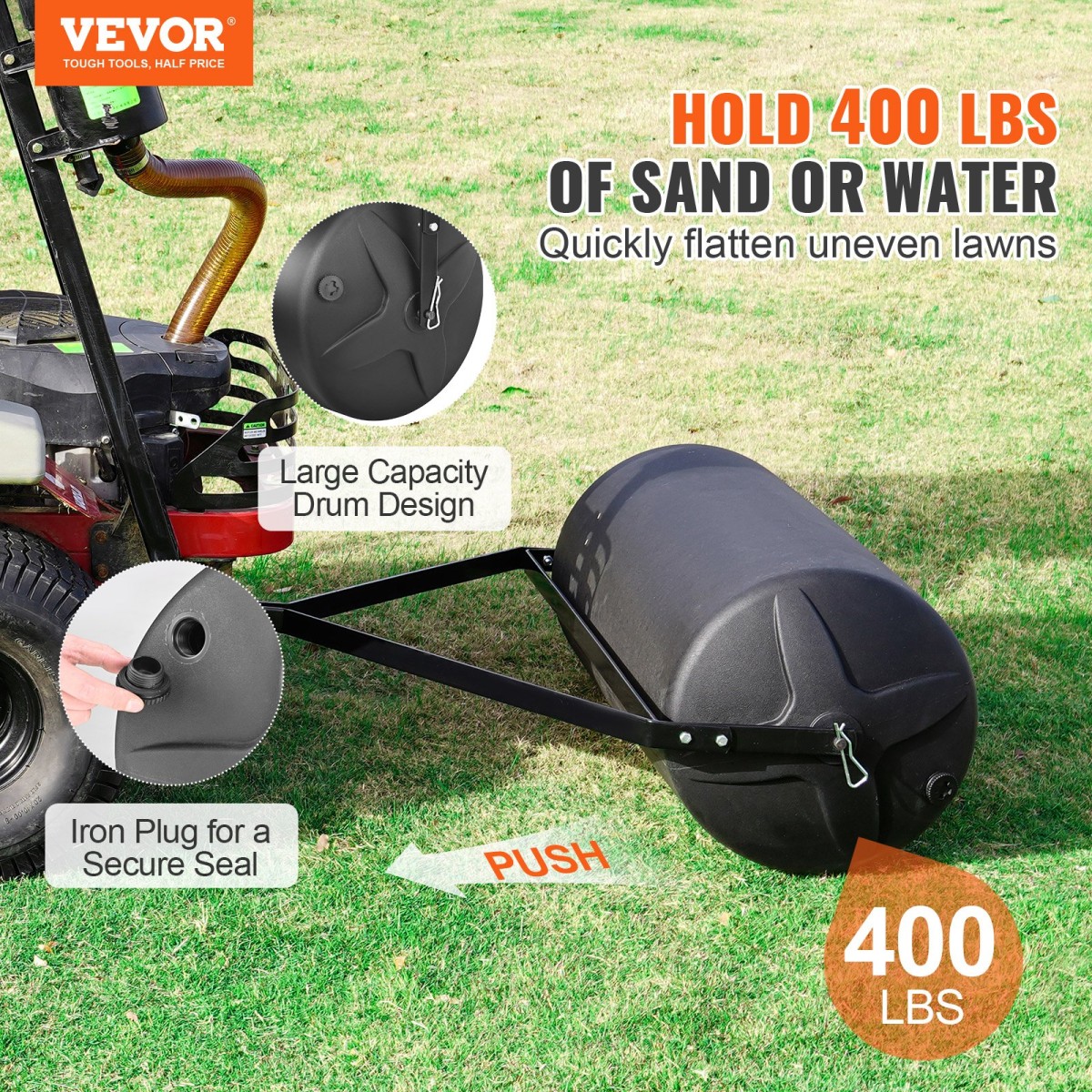 VEVOR Tow Behind Lawn Roller, 400lbs Sand/Water roller Yard, LLDPE Drum and Steel Frame Sod Roller with Easy-turn Plug, Rew Behind a Tractor or ATV for Lawn, Garden, Farm, Park, Black