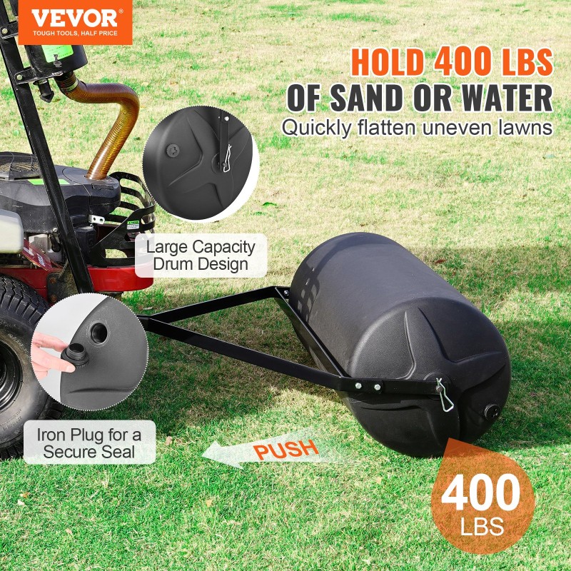 VEVOR Tow Behind Lawn Roller, 400lbs Sand/Water roller Yard, LLDPE Drum and Steel Frame Sod Roller with Easy-turn Plug, Rew Behind a Tractor or ATV for Lawn, Garden, Farm, Park, Black