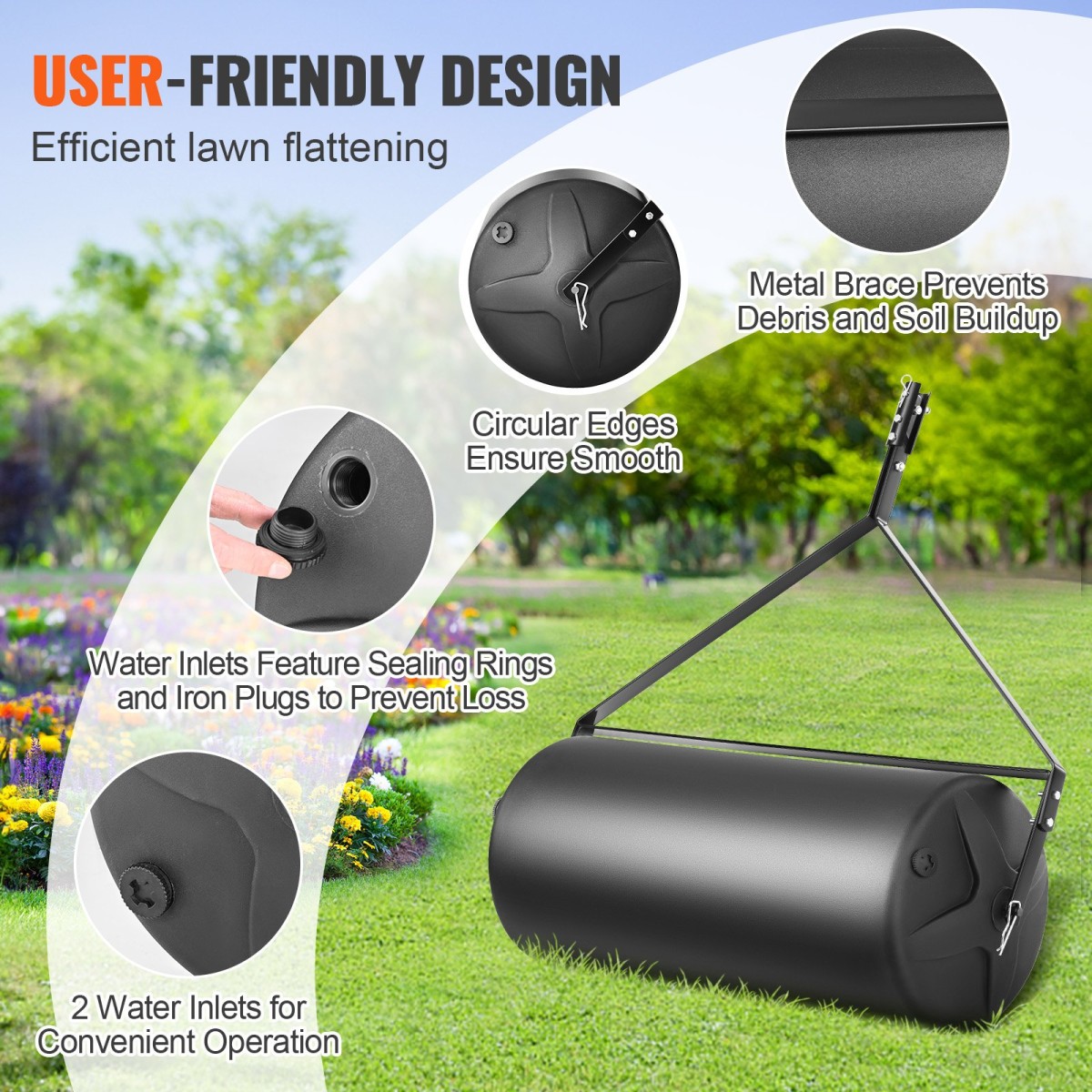 VEVOR Tow Behind Lawn Roller, 400lbs Sand/Water roller Yard, LLDPE Drum and Steel Frame Sod Roller with Easy-turn Plug, Rew Behind a Tractor or ATV for Lawn, Garden, Farm, Park, Black