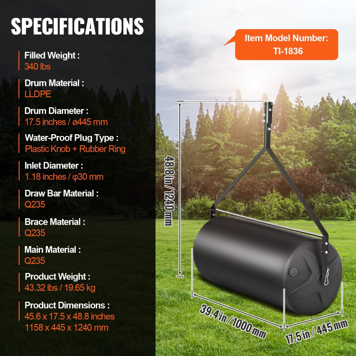 VEVOR Tow Behind Lawn Roller, 400lbs Sand/Water roller Yard, LLDPE Drum and Steel Frame Sod Roller with Easy-turn Plug, Rew Behind a Tractor or ATV for Lawn, Garden, Farm, Park, Black