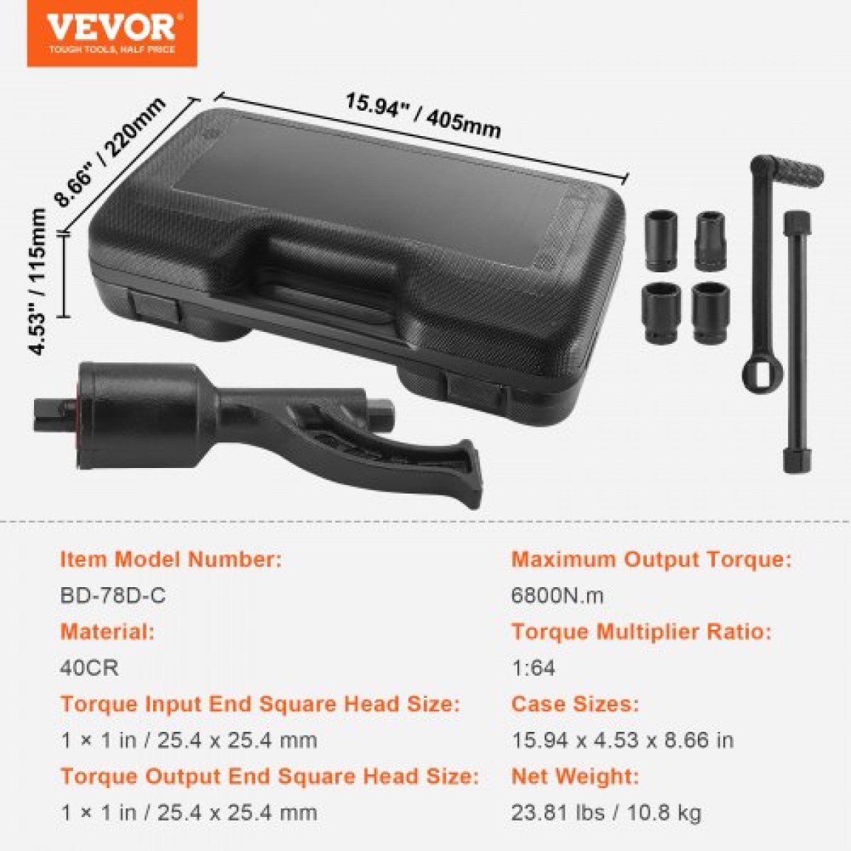VEVOR Torque Multiplier, Heavy Duty Orque Multiplier Wrench Set, 1 inch Drive Lug Nut Wrench Wrench Multiplier, 1:64 6800N.m Lug Nut Remover, with 4 Sockets and Storage Case for Truck Trailer RV