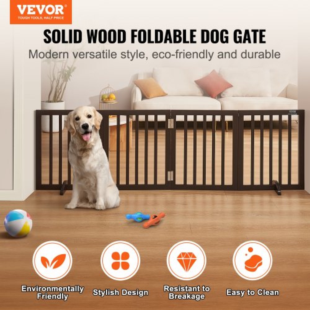VEVOR Free Standing Dog Gate, 24" Υ x 80,3" W Ανεξάρτητη πύλη για κατοικίδια, 4 πάνελ Πτυσσόμενη πύλη σκύλου για φαρδιά και στενά περάσματα, επεκτάσιμο φράγμα σκύλου με αθόρυβη στήριξη ποδιών για εσωτερικούς χώρους, καφέ