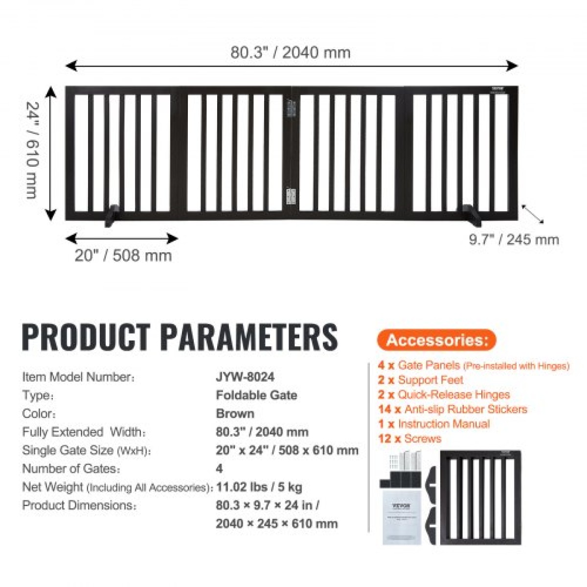 VEVOR Free Standing Dog Gate, 24" Υ x 80,3" W Ανεξάρτητη πύλη για κατοικίδια, 4 πάνελ Πτυσσόμενη πύλη σκύλου για φαρδιά και στενά περάσματα, επεκτάσιμο φράγμα σκύλου με αθόρυβη στήριξη ποδιών για εσωτερικούς χώρους, καφέ