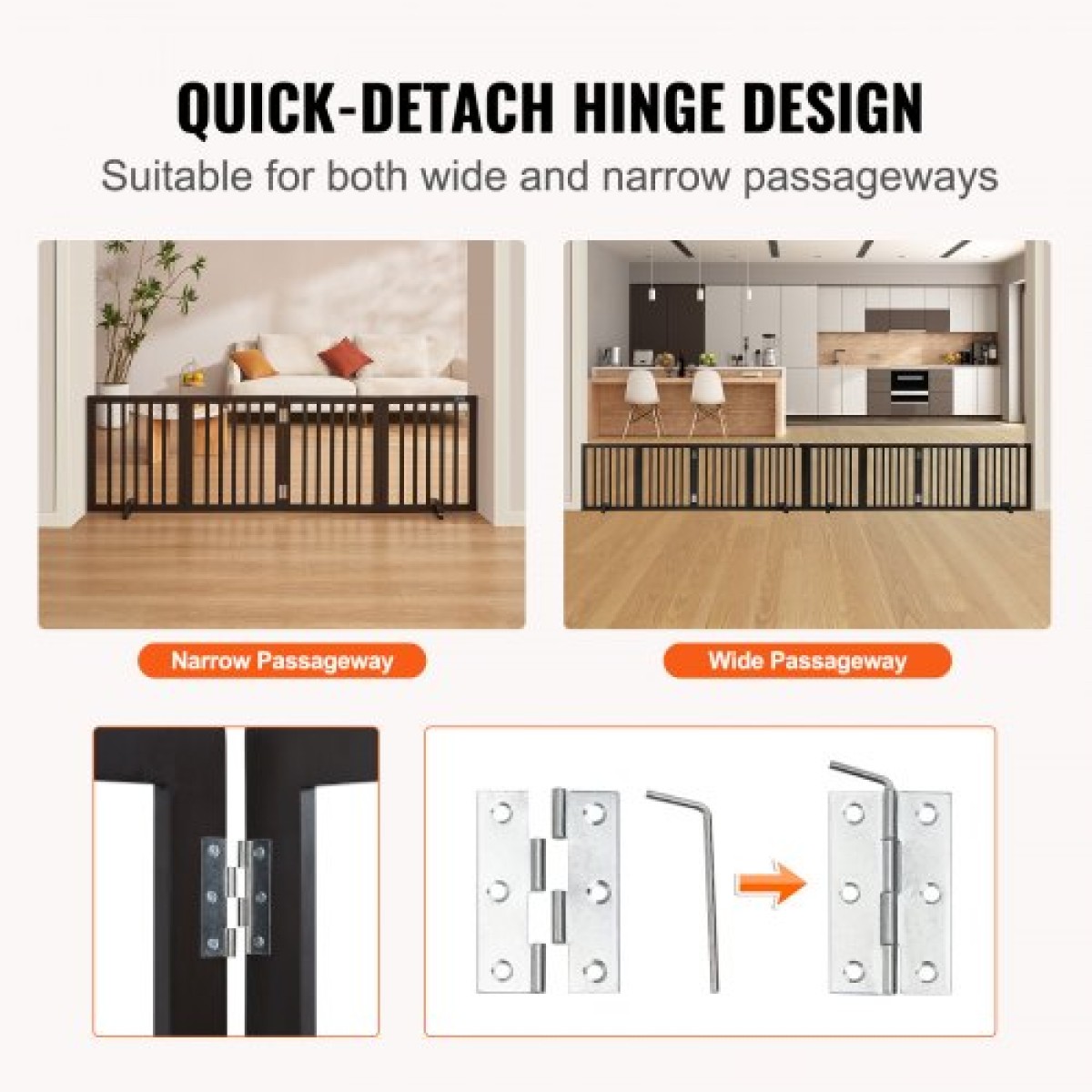 VEVOR Free Standing Dog Gate, 24" Υ x 80,3" W Ανεξάρτητη πύλη για κατοικίδια, 4 πάνελ Πτυσσόμενη πύλη σκύλου για φαρδιά και στενά περάσματα, επεκτάσιμο φράγμα σκύλου με αθόρυβη στήριξη ποδιών για εσωτερικούς χώρους, καφέ