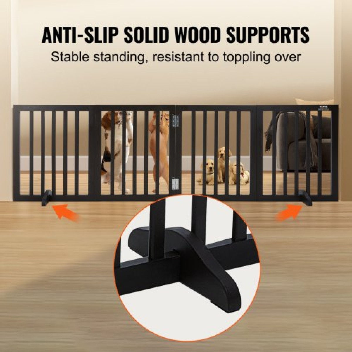 VEVOR Free Standing Dog Gate, 24" Υ x 80,3" W Ανεξάρτητη πύλη για κατοικίδια, 4 πάνελ Πτυσσόμενη πύλη σκύλου για φαρδιά και στενά περάσματα, επεκτάσιμο φράγμα σκύλου με αθόρυβη στήριξη ποδιών για εσωτερικούς χώρους, καφέ