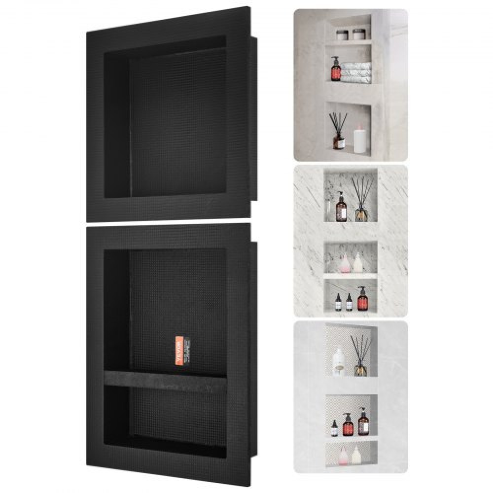 VEVOR ντουζιέρα έτοιμη για πλακάκια 40,64x40,64 cm x 40,64x50,8 cm, τριπλό ράφι, τετράγωνες γωνίες στον τοίχο με εσοχή, σφραγισμένη προστασία Μοντέρνα θέση αποθήκευσης σαπουνιού για μπάνιο ντους, μαύρο