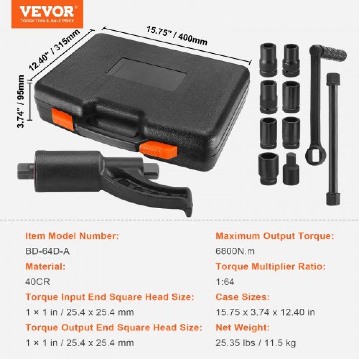 VEVOR Torque Multiplier, Heavy Duty Orque Multiplier Wrench Set, 1 Inch Drive Lug Nut Wrench Wrench Multiplier, 1:64 6800N.m Lug Nut Remover, with 8 Sockets and Storage Case for Truck Trailer RV