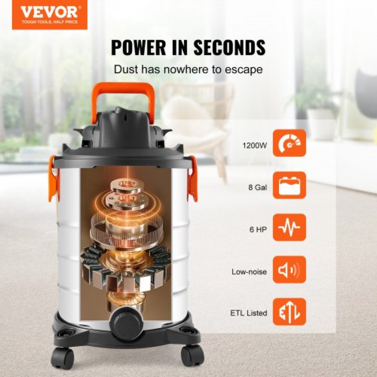 VEVOR Ανοξείδωτο ατσάλι Wet Dry Shop Vacuum, 8 Gallon 6 Peak HP Wet/Dry Vac, Ισχυρή αναρρόφηση με λειτουργία ανεμιστήρα με εξαρτήματα 2-σε-1 ακροφύσιο ρωγμής, Small Shop Vac Ιδανικό για υπολείμματα χαλιών, τρίχες κατοικίδιων ζώων, αυτοκίνητο