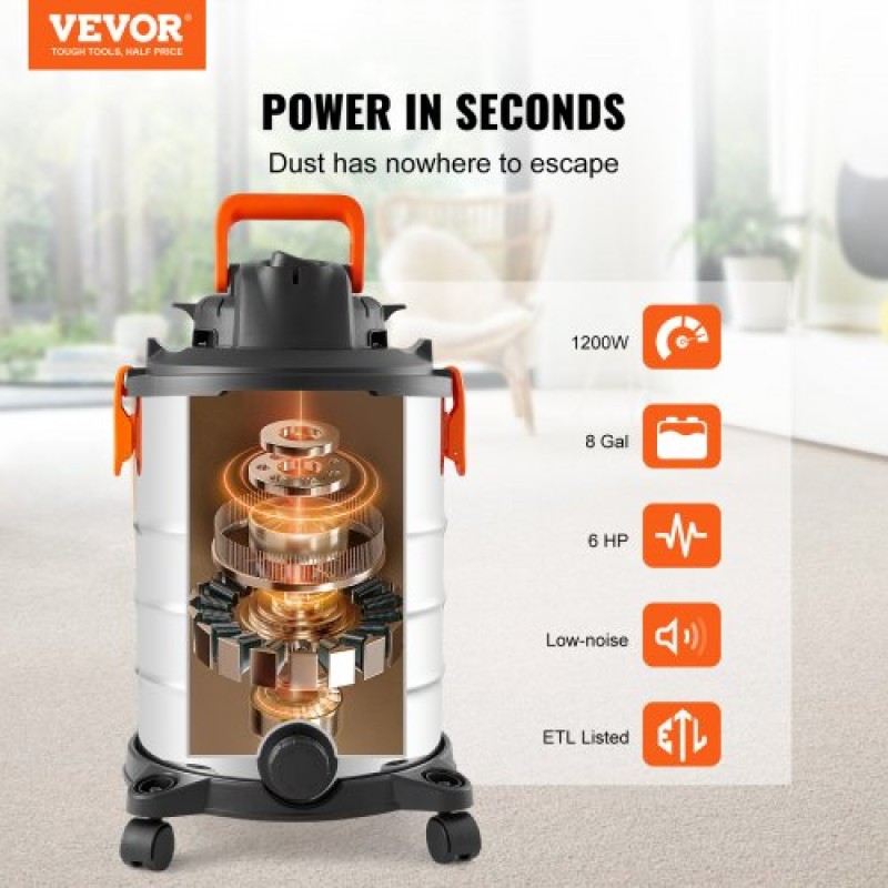 VEVOR Ανοξείδωτο ατσάλι Wet Dry Shop Vacuum, 8 Gallon 6 Peak HP Wet/Dry Vac, Ισχυρή αναρρόφηση με λειτουργία ανεμιστήρα με εξαρτήματα 2-σε-1 ακροφύσιο ρωγμής, Small Shop Vac Ιδανικό για υπολείμματα χαλιών, τρίχες κατοικίδιων ζώων, αυτοκίνητο