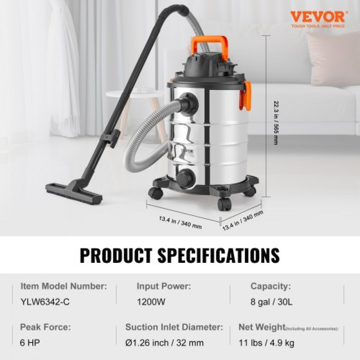 VEVOR Ανοξείδωτο ατσάλι Wet Dry Shop Vacuum, 8 Gallon 6 Peak HP Wet/Dry Vac, Ισχυρή αναρρόφηση με λειτουργία ανεμιστήρα με εξαρτήματα 2-σε-1 ακροφύσιο ρωγμής, Small Shop Vac Ιδανικό για υπολείμματα χαλιών, τρίχες κατοικίδιων ζώων, αυτοκίνητο