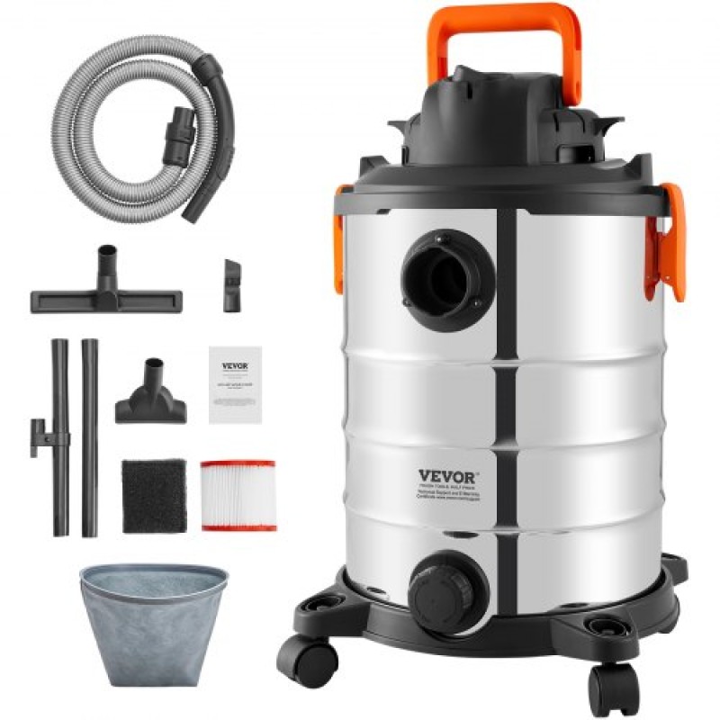 VEVOR Ανοξείδωτο ατσάλι Wet Dry Shop Vacuum, 8 Gallon 6 Peak HP Wet/Dry Vac, Ισχυρή αναρρόφηση με λειτουργία ανεμιστήρα με εξαρτήματα 2-σε-1 ακροφύσιο ρωγμής, Small Shop Vac Ιδανικό για υπολείμματα χαλιών, τρίχες κατοικίδιων ζώων, αυτοκίνητο