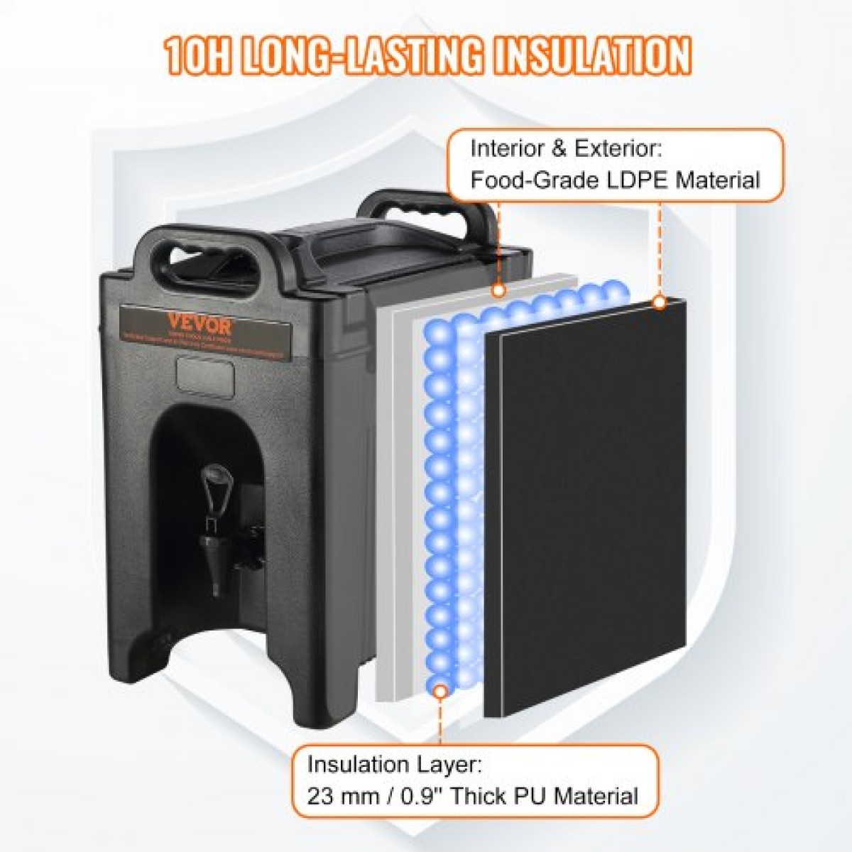 VEVOR Insulated Beverage Dispenser, 9,5 L, Food-grade LDPE Beverage Server, Thermal Drink Dispenser Cooler with PU Layer Two Stage Baucet Handle, for Restaurant Drink Shop