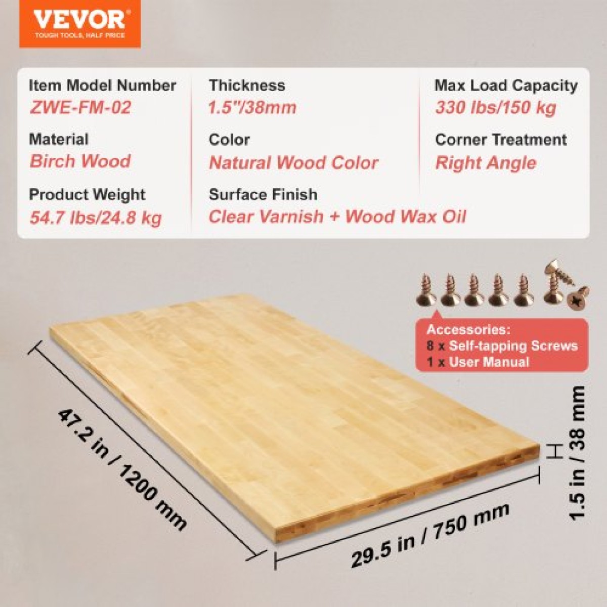 Επιτραπέζια επιφάνεια από ξύλο VEVOR, 47,2" x 29,5" x 1,5", 330 λίβρες, χωρητικότητα φόρτωσης, Ολόσωμη επιφάνεια εργασίας από ξύλο σφενδάμου γενικής χρήσης για ρυθμιζόμενο ύψος ηλεκτρικό πλαίσιο γραφείου, ορθογώνιος πάγκος για οικιακό γραφε