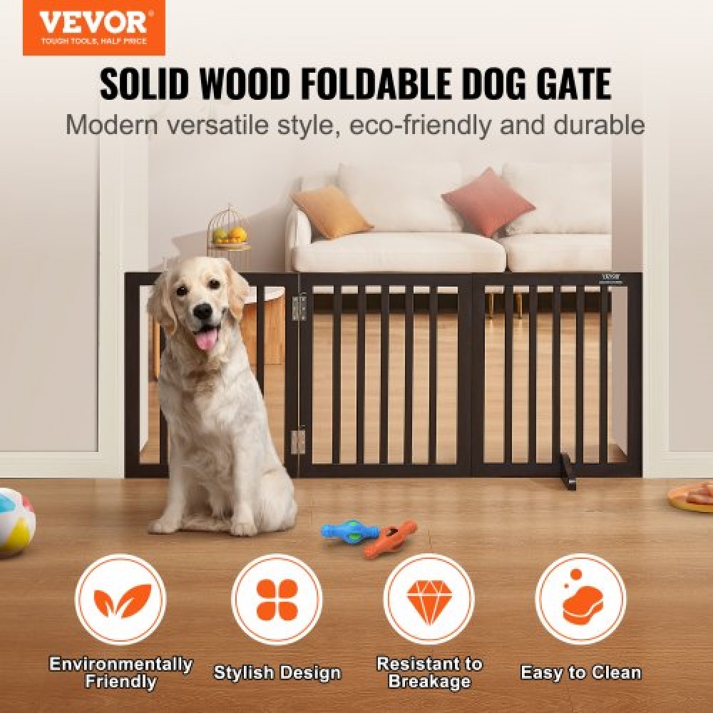 VEVOR Free Standing Dog Gate, 24" H x 60" W Ανεξάρτητη πύλη για κατοικίδια, 3 πάνελ Πτυσσόμενη πύλη σκύλου για φαρδιά και στενά περάσματα, επεκτάσιμο φράγμα σκύλου με αθόρυβη στήριξη ποδιών για εσωτερικούς χώρους, καφέ