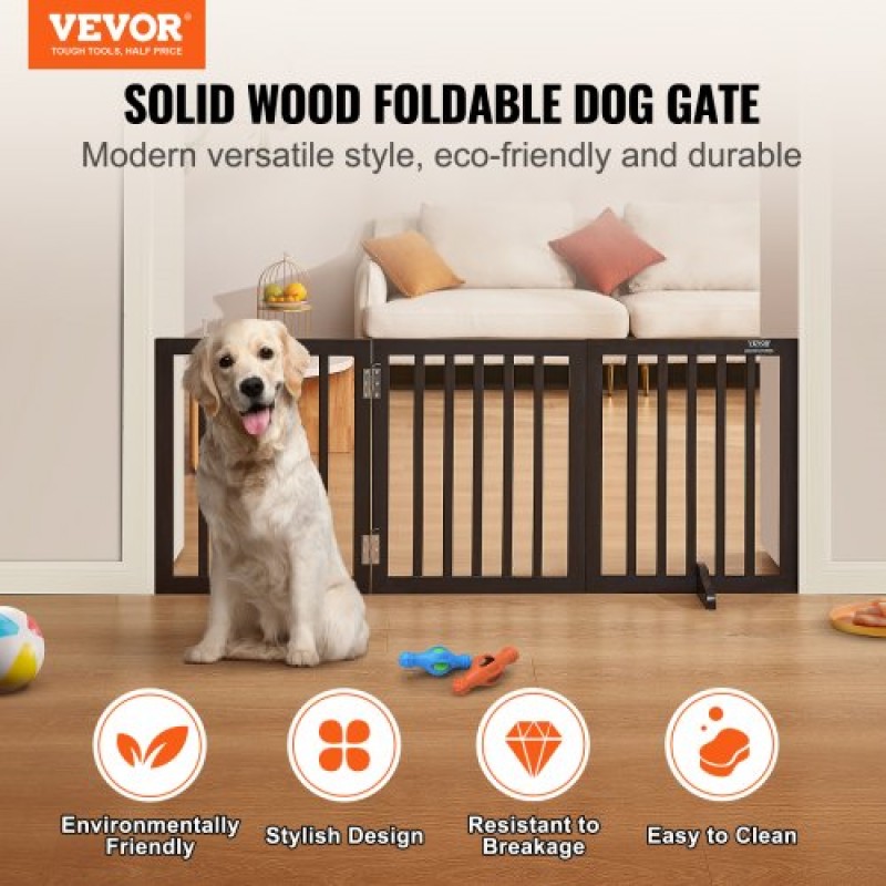 VEVOR Free Standing Dog Gate, 24" H x 60" W Ανεξάρτητη πύλη για κατοικίδια, 3 πάνελ Πτυσσόμενη πύλη σκύλου για φαρδιά και στενά περάσματα, επεκτάσιμο φράγμα σκύλου με αθόρυβη στήριξη ποδιών για εσωτερικούς χώρους, καφέ