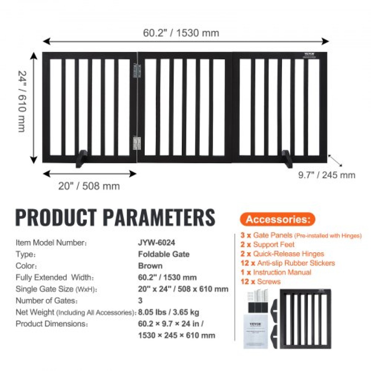 VEVOR Free Standing Dog Gate, 24" H x 60" W Ανεξάρτητη πύλη για κατοικίδια, 3 πάνελ Πτυσσόμενη πύλη σκύλου για φαρδιά και στενά περάσματα, επεκτάσιμο φράγμα σκύλου με αθόρυβη στήριξη ποδιών για εσωτερικούς χώρους, καφέ