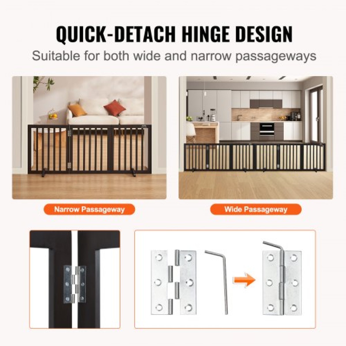 VEVOR Free Standing Dog Gate, 24" H x 60" W Ανεξάρτητη πύλη για κατοικίδια, 3 πάνελ Πτυσσόμενη πύλη σκύλου για φαρδιά και στενά περάσματα, επεκτάσιμο φράγμα σκύλου με αθόρυβη στήριξη ποδιών για εσωτερικούς χώρους, καφέ