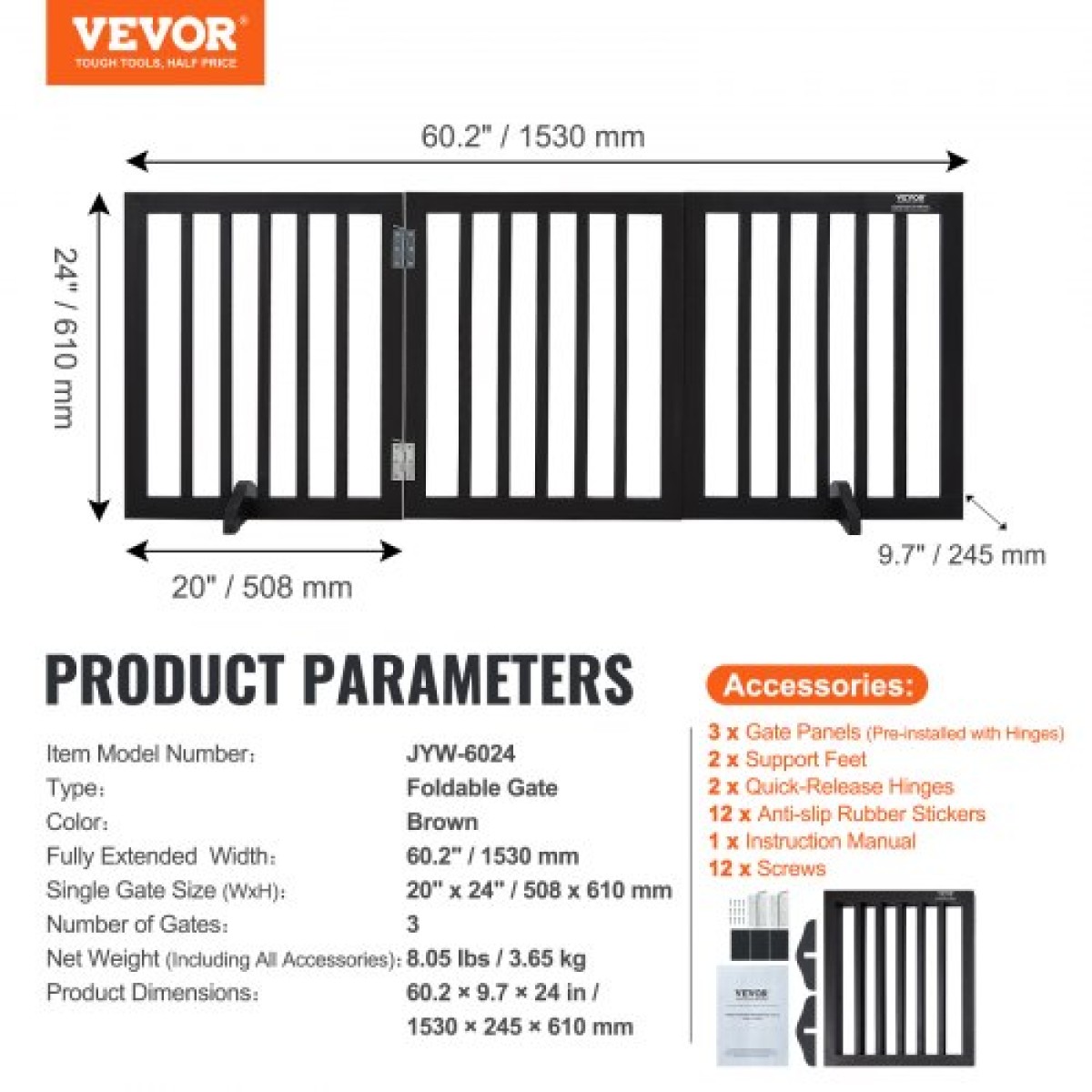 VEVOR Free Standing Dog Gate, 24" H x 60" W Ανεξάρτητη πύλη για κατοικίδια, 3 πάνελ Πτυσσόμενη πύλη σκύλου για φαρδιά και στενά περάσματα, επεκτάσιμο φράγμα σκύλου με αθόρυβη στήριξη ποδιών για εσωτερικούς χώρους, καφέ