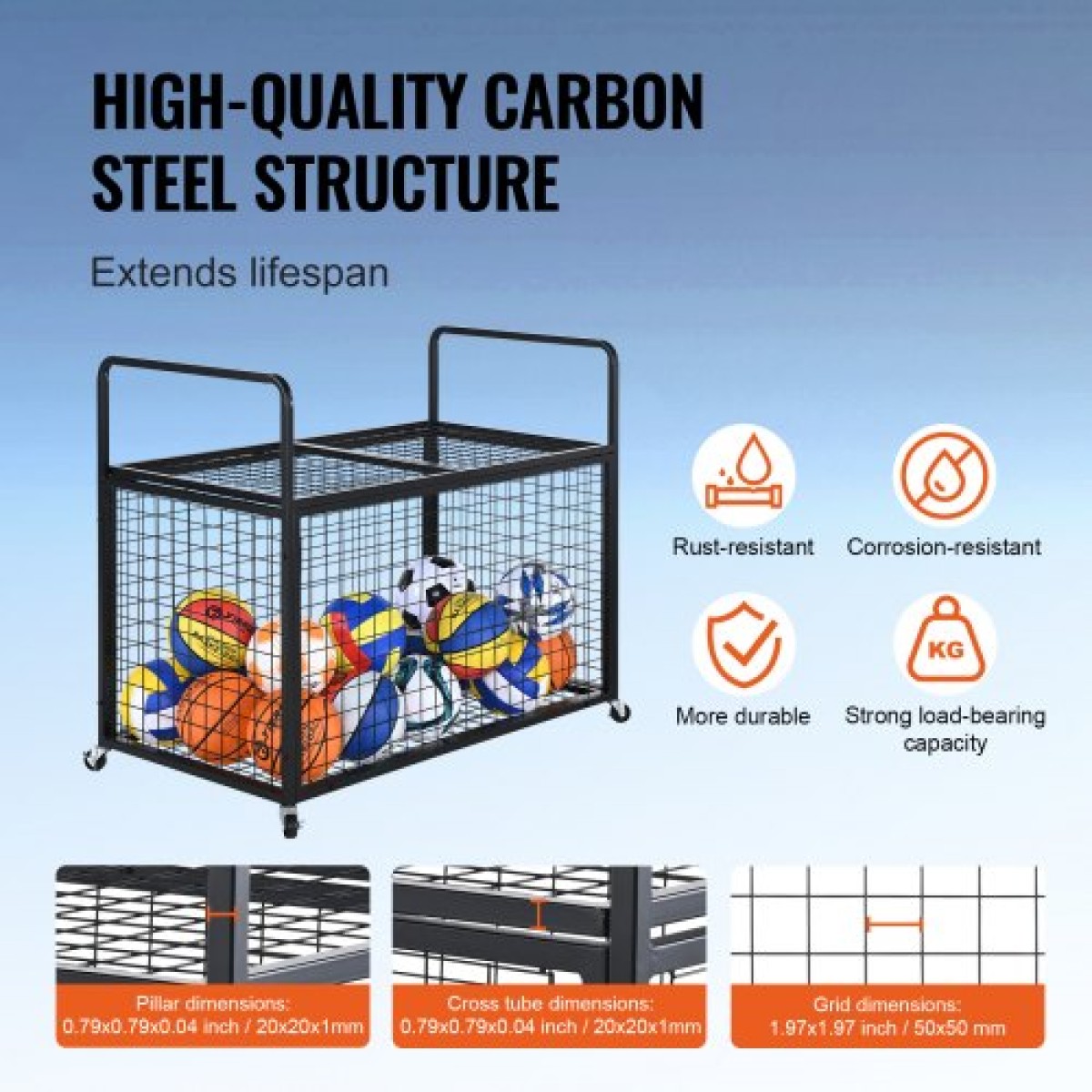VEVOR Rolling Sports Ball Storage Cart, Κλουβί μπάσκετ που κλειδώνει με διπλά καπάκια, Organizer θήκη αθλητικού εξοπλισμού για εσωτερικούς χώρους, χαλύβδινη σχάρα αποθήκευσης για γκαράζ, παιδότοπο, γυμναστήριο και σχολεία