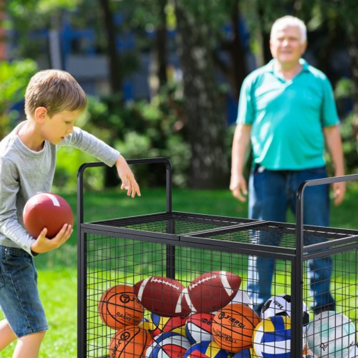 VEVOR Rolling Sports Ball Storage Cart, Κλουβί μπάσκετ που κλειδώνει με διπλά καπάκια, Organizer θήκη αθλητικού εξοπλισμού για εσωτερικούς χώρους, χαλύβδινη σχάρα αποθήκευσης για γκαράζ, παιδότοπο, γυμναστήριο και σχολεία