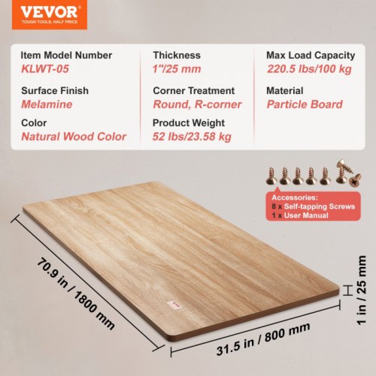 Επιτραπέζιο επιτραπέζιο VEVOR, 70,9" x 31,5" x 1", χωρητικότητα 220,5 λίβρες, Universal One Piece Μοριοσανίδα Desktop για ρυθμιζόμενο ύψος Ηλεκτρικό πλαίσιο γραφείου, ορθογώνιος πάγκος για το σπίτι και το γραφείο