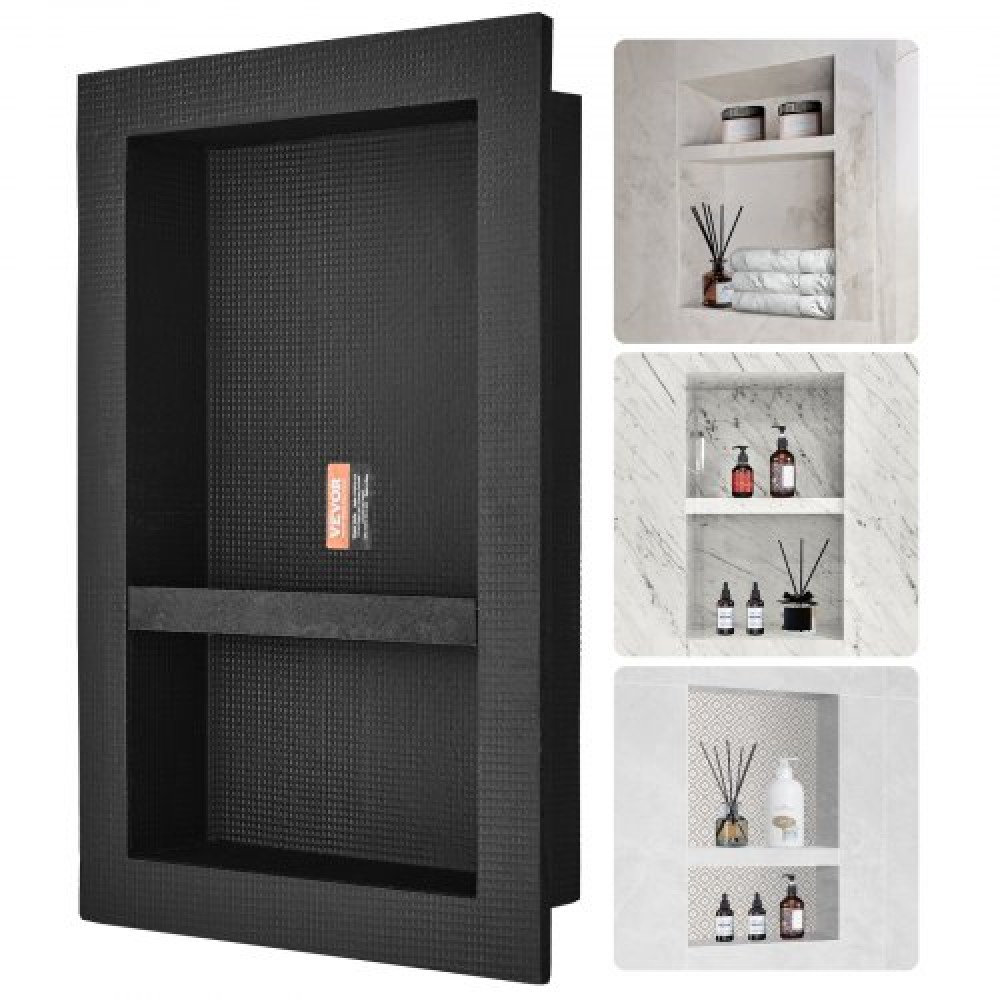 VEVOR ντουζιέρα έτοιμη για πλακάκια 40,64 x 60,96 εκ., Διπλό ράφι οργάνωσης, τετράγωνες γωνίες στον τοίχο εσοχή, σφραγισμένη προστασία μοντέρνα θέση αποθήκευσης σαπουνιού για μπάνιο ντους, μαύρο