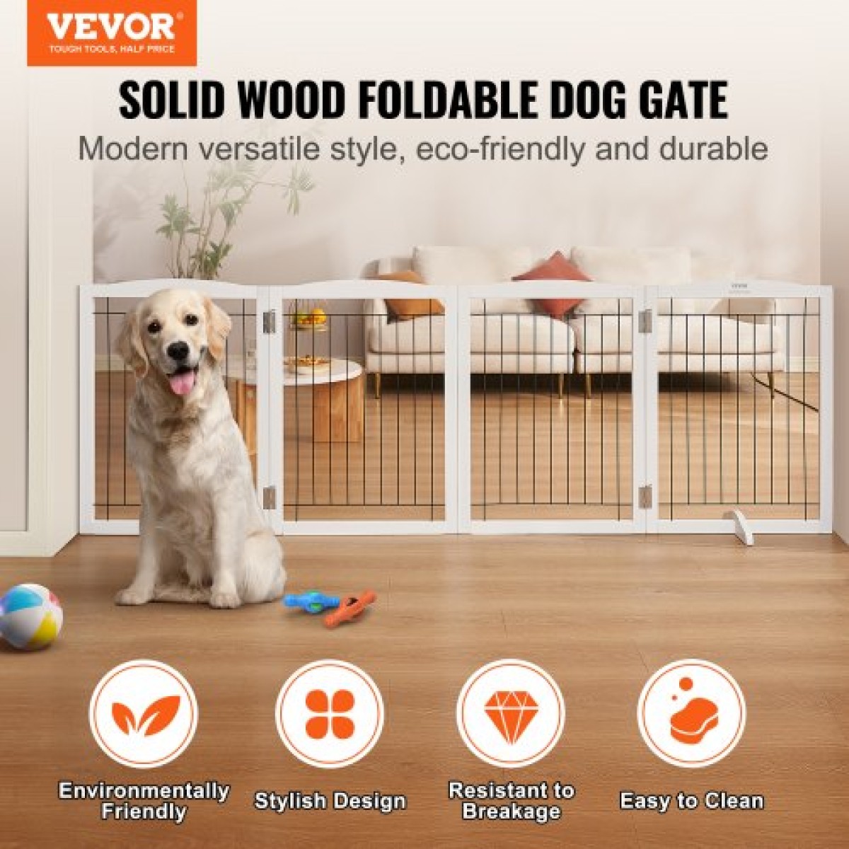 VEVOR Free Standing Dog Gate, 32" H x 96,5" W Ανεξάρτητη πύλη για κατοικίδια, 4 πάνελ Πτυσσόμενη πύλη σκύλου για φαρδιά και στενά περάσματα, επεκτάσιμο φράγμα σκύλου με αθόρυβη στήριξη ποδιών για εσωτερικούς χώρους, λευκό