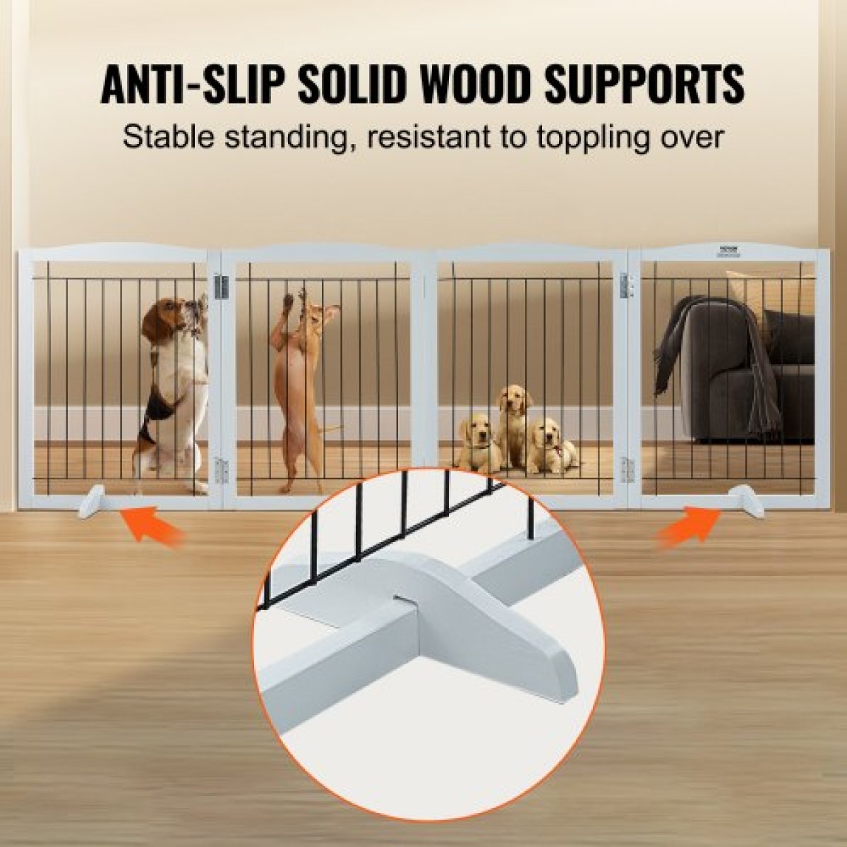 VEVOR Free Standing Dog Gate, 32" H x 96,5" W Ανεξάρτητη πύλη για κατοικίδια, 4 πάνελ Πτυσσόμενη πύλη σκύλου για φαρδιά και στενά περάσματα, επεκτάσιμο φράγμα σκύλου με αθόρυβη στήριξη ποδιών για εσωτερικούς χώρους, λευκό