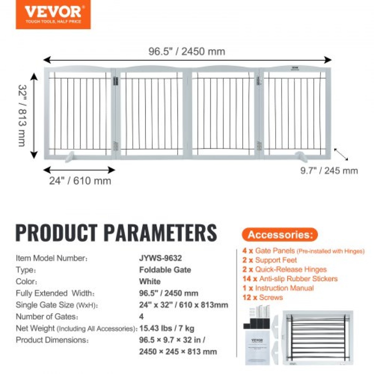 VEVOR Free Standing Dog Gate, 32" H x 96,5" W Ανεξάρτητη πύλη για κατοικίδια, 4 πάνελ Πτυσσόμενη πύλη σκύλου για φαρδιά και στενά περάσματα, επεκτάσιμο φράγμα σκύλου με αθόρυβη στήριξη ποδιών για εσωτερικούς χώρους, λευκό