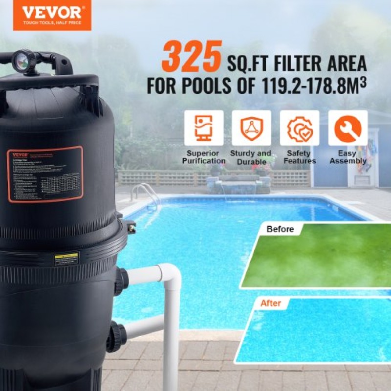 VEVOR Cartridge Pool Filter, 30 Sq.m Filter Area Inground Pool Filter, Above Ground Swimming Pool Filtration Filter System with Upgrade Filter &Leak-proof, for Hot Tubs, Spa, Inflatable Pool