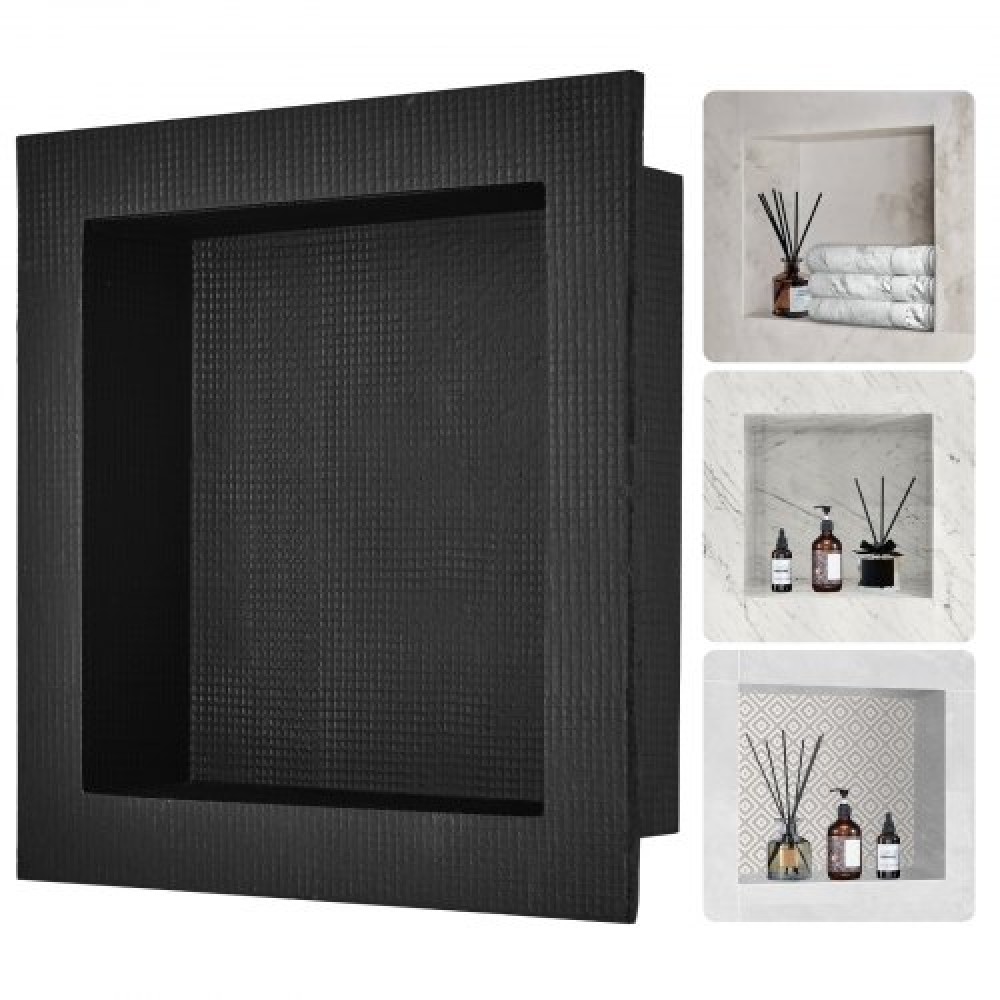 VEVOR ντουζιέρα έτοιμη για πλακάκια 40,64 x 40,64 εκ., μονή οργάνωση ραφιού, τετράγωνες γωνίες με εσοχή τοίχου, σφραγισμένη προστασία μοντέρνα θέση αποθήκευσης σαπουνιού για μπάνιο ντους, μαύρο