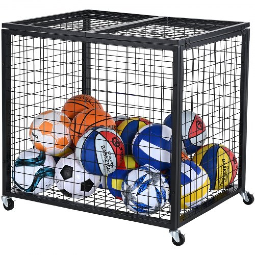 VEVOR Rolling Sports Ball Storage Cart, Lockable Basketball Cage with Double Lids, Sport Equipment Holder Organizer for Indoor Outdoor, Steel Storage Rack for Garages, Playgroup, Gym and Schools