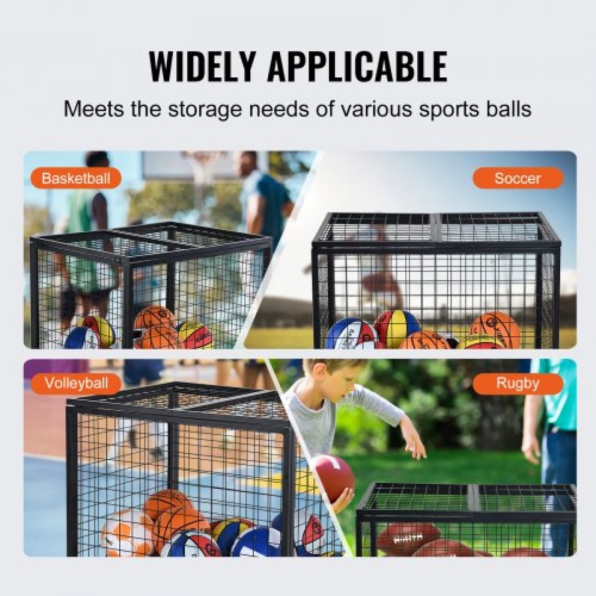 VEVOR Rolling Sports Ball Storage Cart, Κλουβί μπάσκετ με διπλά καπάκια, Organizer θήκη αθλητικού εξοπλισμού για εσωτερικούς χώρους, χαλύβδινη θήκη αποθήκευσης για γκαράζ, παιδότοπο, γυμναστήριο και σχολεία