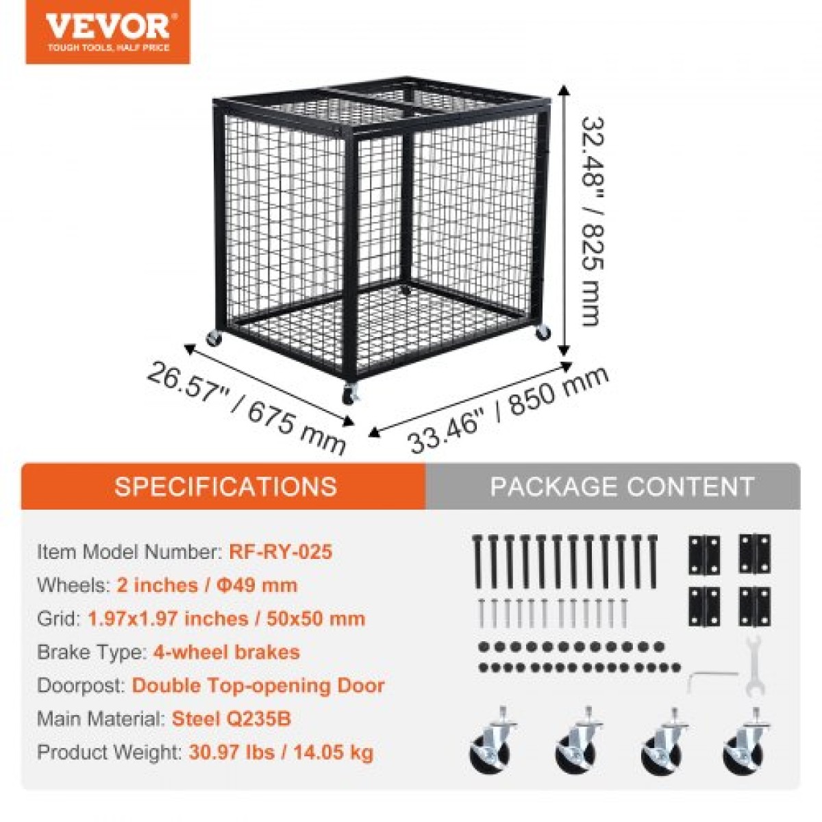 VEVOR Rolling Sports Ball Storage Cart, Κλουβί μπάσκετ με διπλά καπάκια, Organizer θήκη αθλητικού εξοπλισμού για εσωτερικούς χώρους, χαλύβδινη θήκη αποθήκευσης για γκαράζ, παιδότοπο, γυμναστήριο και σχολεία