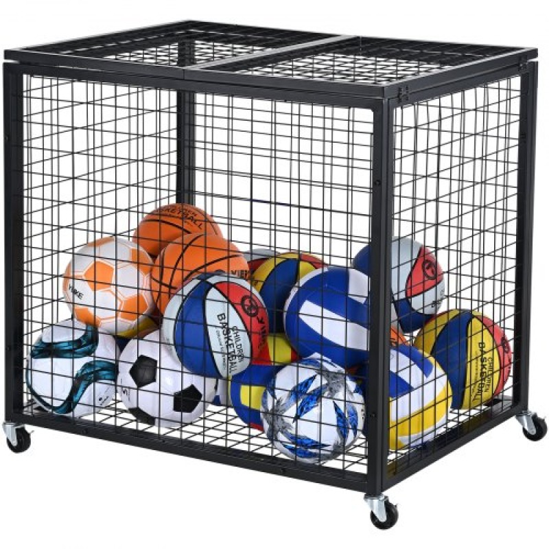 VEVOR Rolling Sports Ball Storage Cart, Κλουβί μπάσκετ με διπλά καπάκια, Organizer θήκη αθλητικού εξοπλισμού για εσωτερικούς χώρους, χαλύβδινη θήκη αποθήκευσης για γκαράζ, παιδότοπο, γυμναστήριο και σχολεία